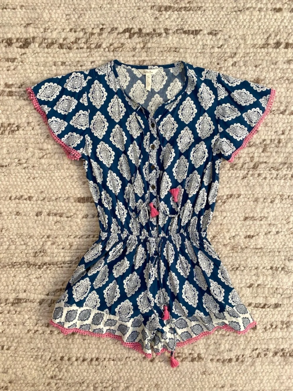 Matilda Jane Blue White Tile Print Tassel Pocket Romper, Size S - Picture 2 of 10